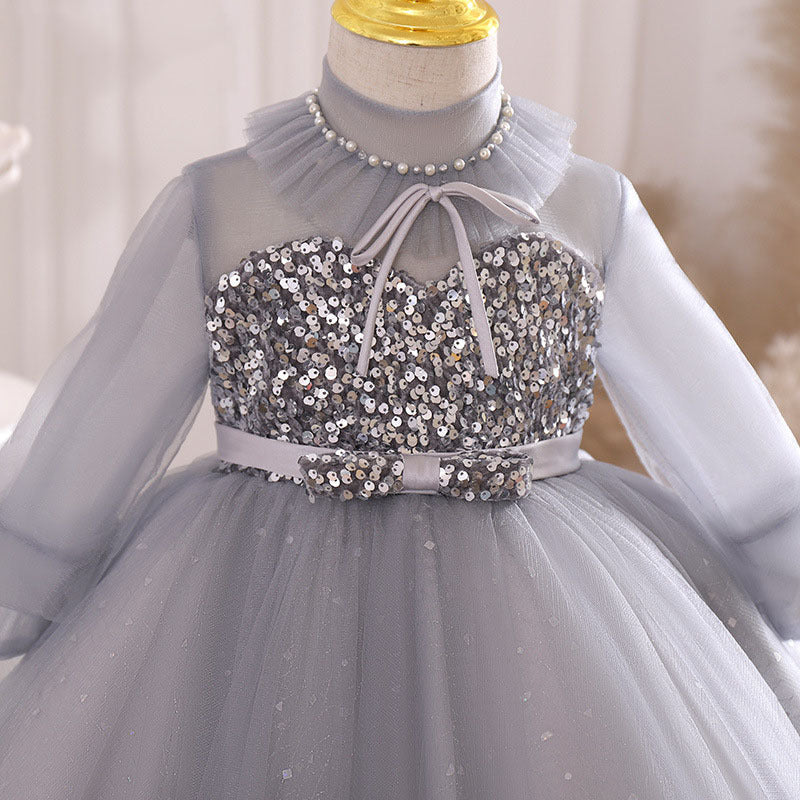 Dusty Blue Princess Flower Girl Dress with Sequins and Lantern Sleeves