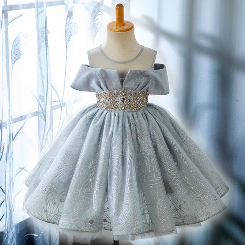Dusty Blue Princess Tea-Length Flower Girl Dress with Lace Ruffles