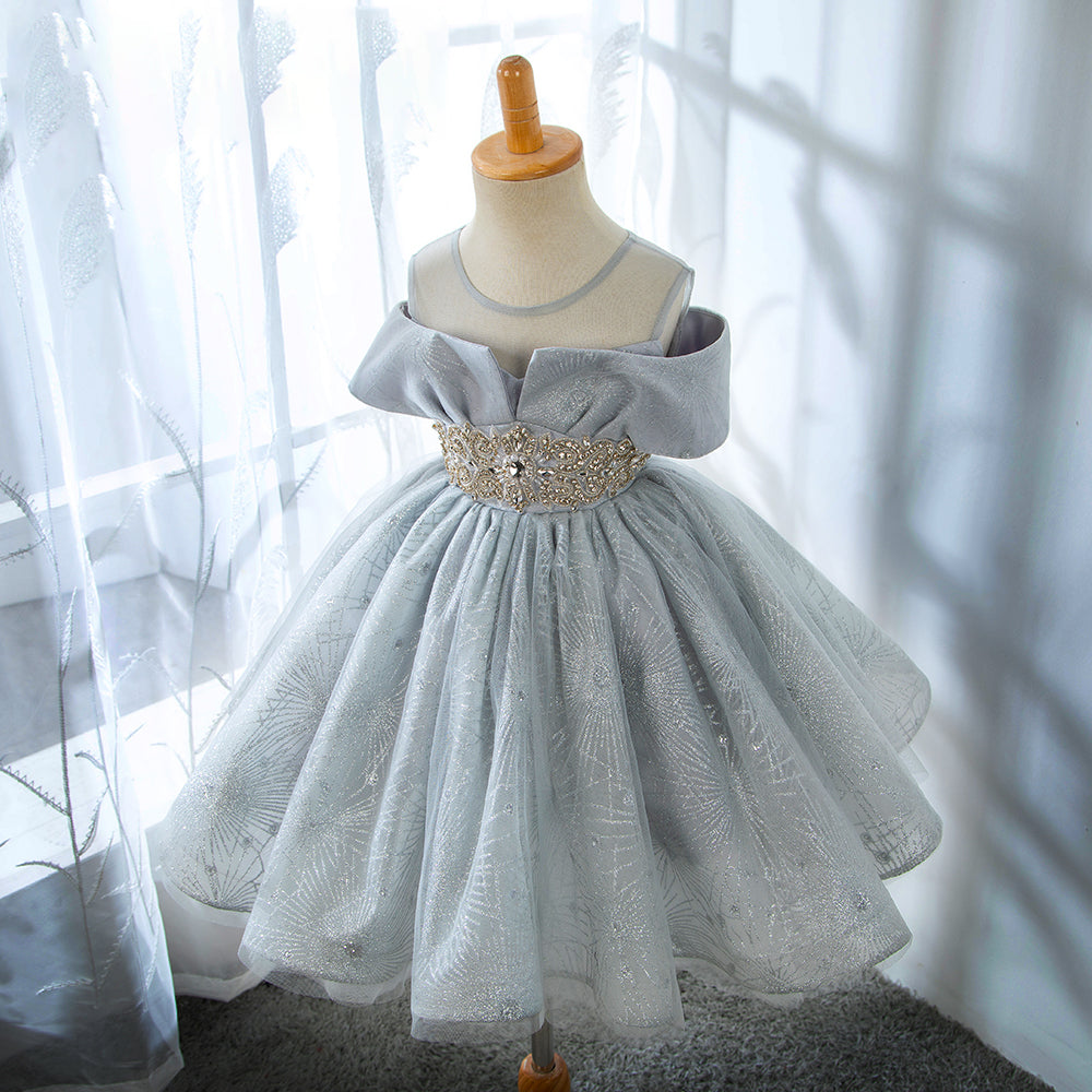 Dusty Blue Princess Tea-Length Flower Girl Dress with Lace Ruffles