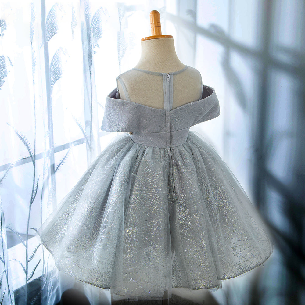 Dusty Blue Princess Tea-Length Flower Girl Dress with Lace Ruffles