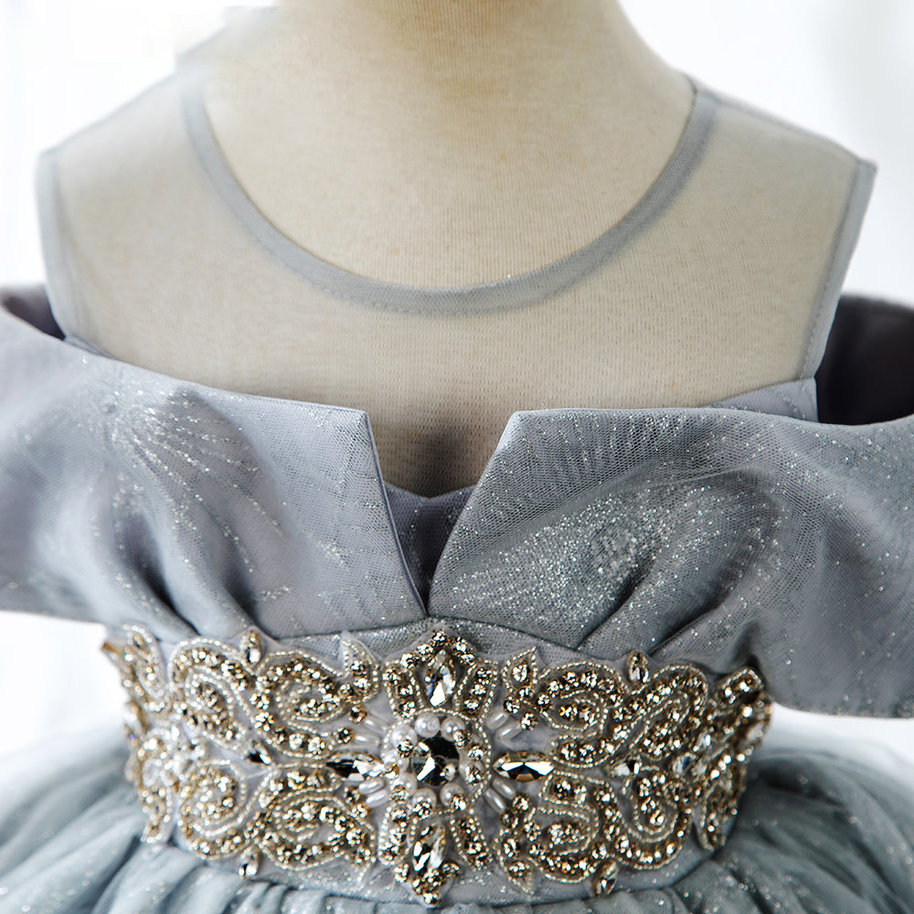 Dusty Blue Princess Tea-Length Flower Girl Dress with Lace Ruffles
