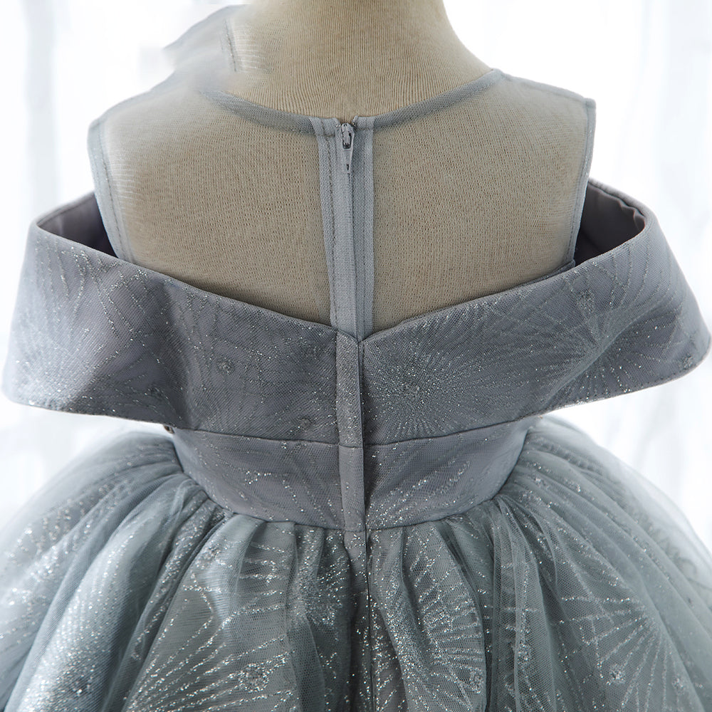 Dusty Blue Princess Tea-Length Flower Girl Dress with Lace Ruffles