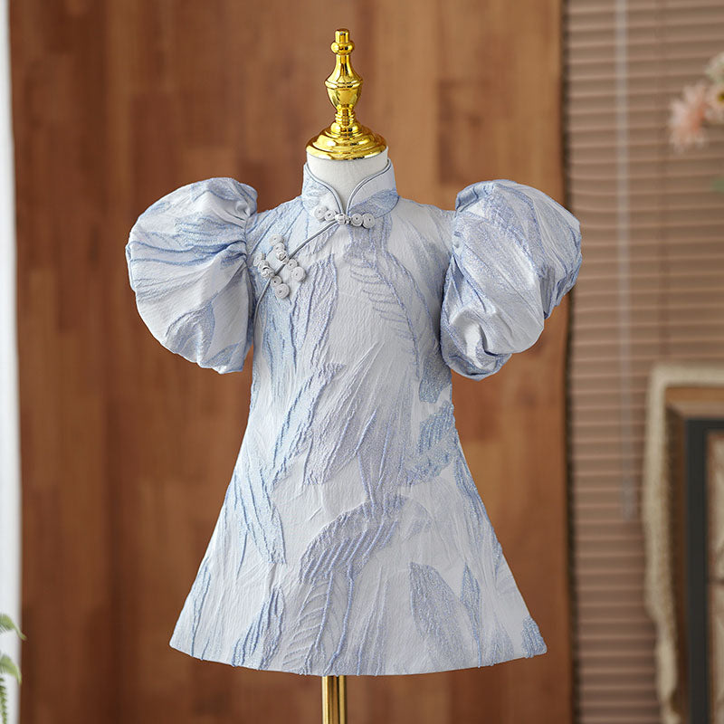 Dusty Blue Satin A-Line Flower Girl Dress Turtle Neck Puff