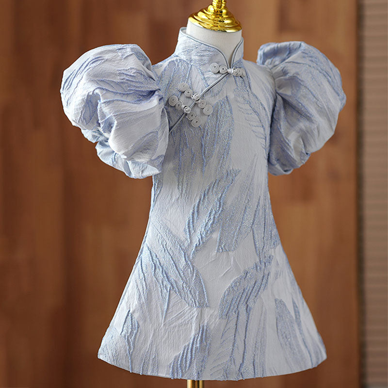 Dusty Blue Satin A-Line Flower Girl Dress Turtle Neck Puff