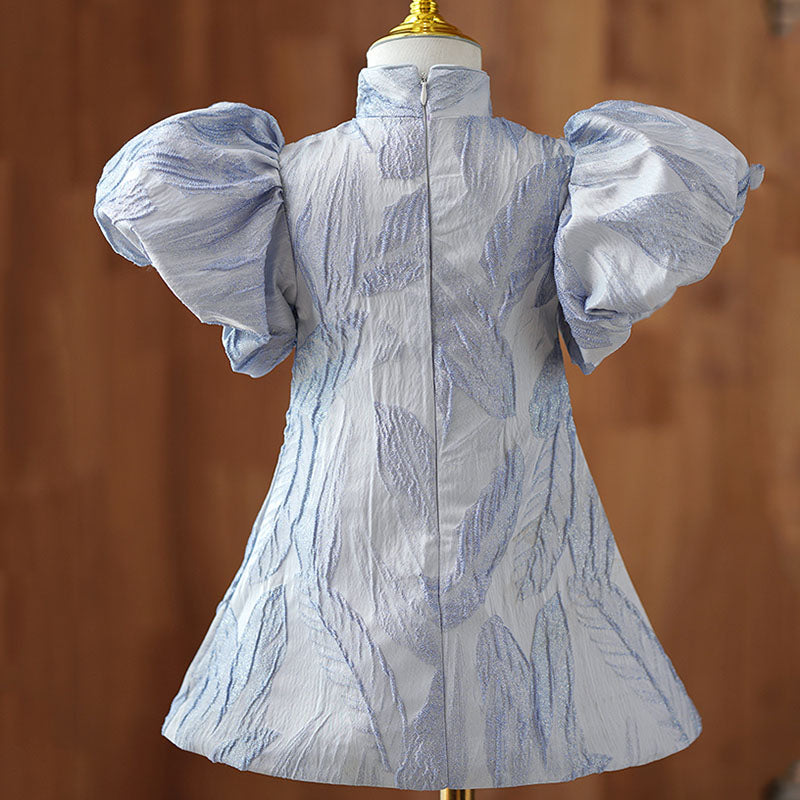 Dusty Blue Satin A-Line Flower Girl Dress Turtle Neck Puff