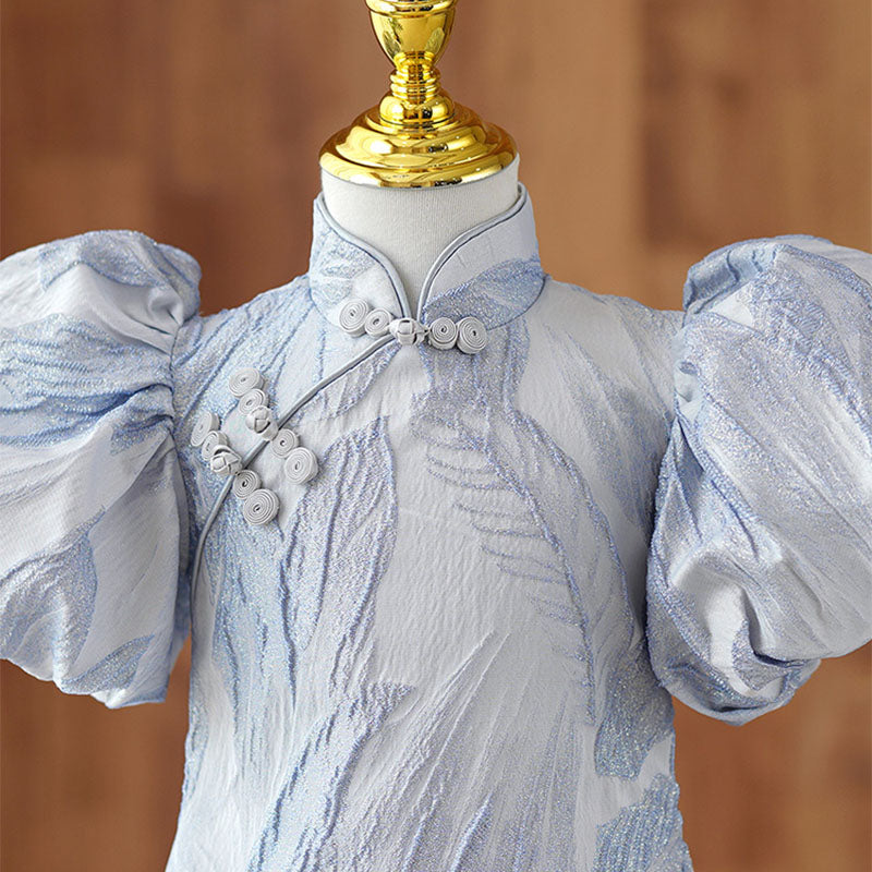 Dusty Blue Satin A-Line Flower Girl Dress Turtle Neck Puff