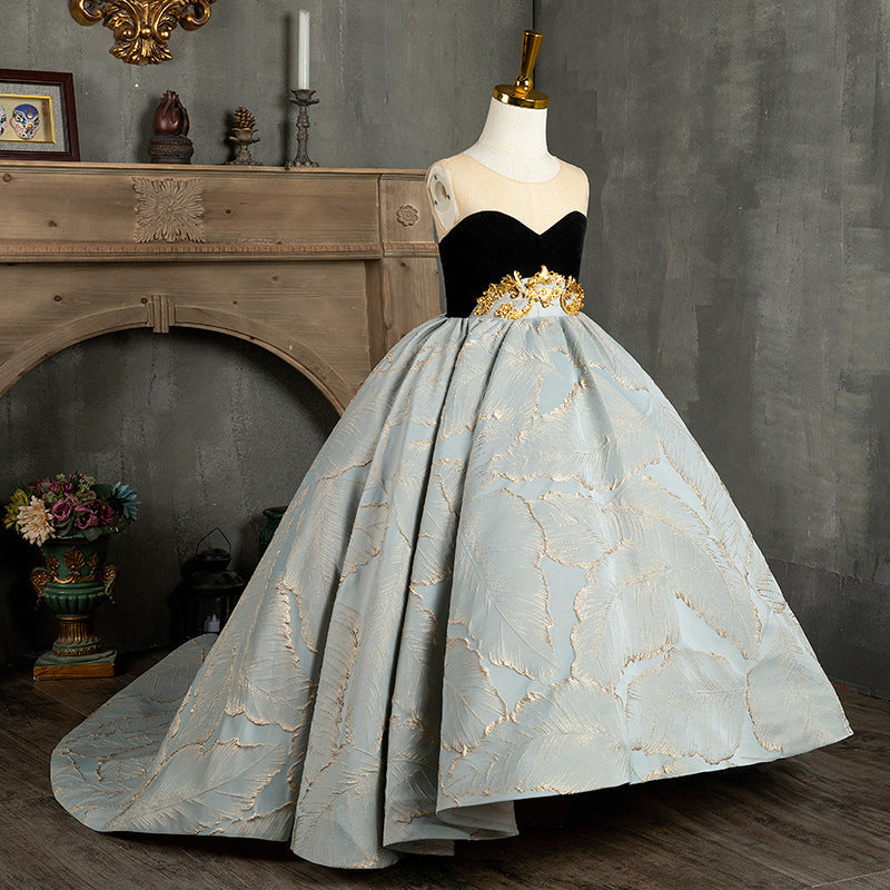 Dusty Blue Satin A-Line Sleeveless Flower Girl Dress Ruffles