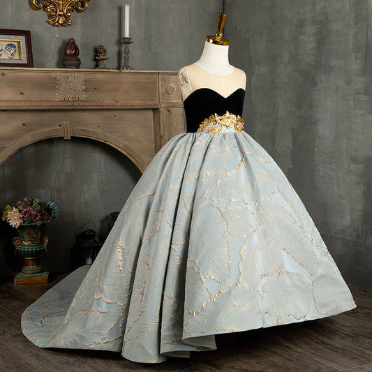Dusty Blue Satin A-Line Sleeveless Flower Girl Dress Ruffles