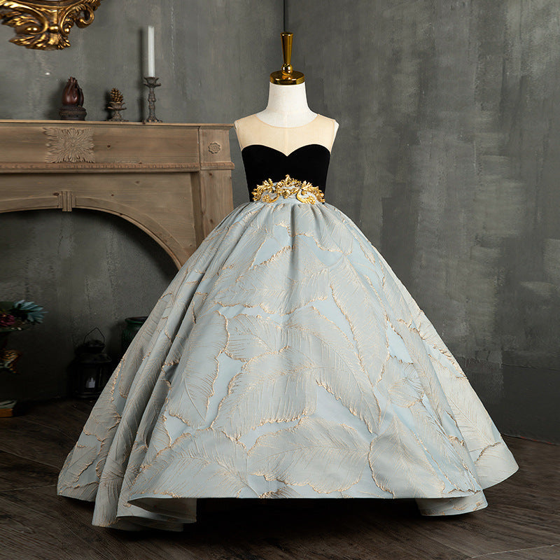 Dusty Blue Satin A-Line Sleeveless Flower Girl Dress Ruffles