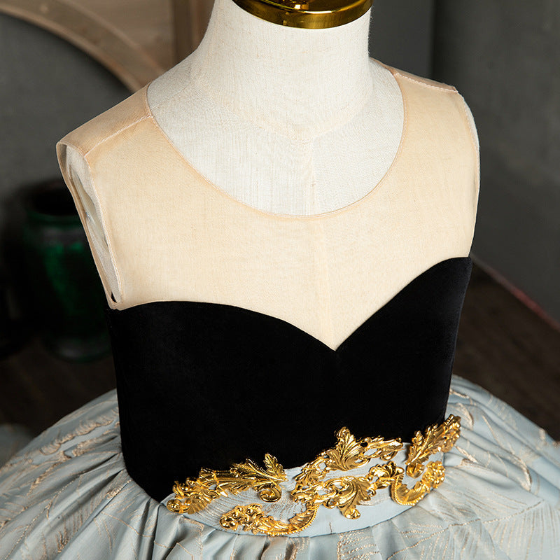 Dusty Blue Satin A-Line Sleeveless Flower Girl Dress Ruffles
