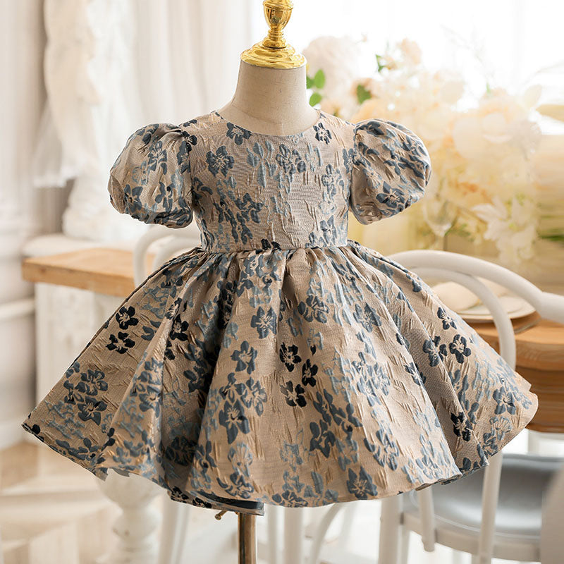 Dusty Blue Satin Princess Dress | Ruffle Puff Sleeves