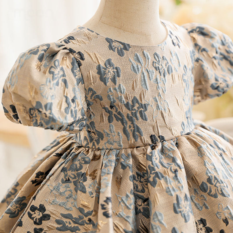 Dusty Blue Satin Princess Dress | Ruffle Puff Sleeves