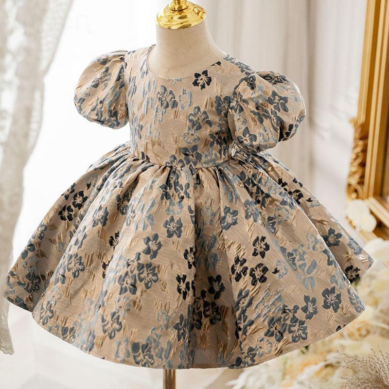 Dusty Blue Satin Princess Dress | Ruffle Puff Sleeves