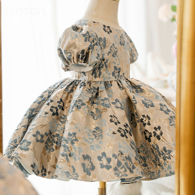 Dusty Blue Satin Princess Dress | Ruffle Puff Sleeves