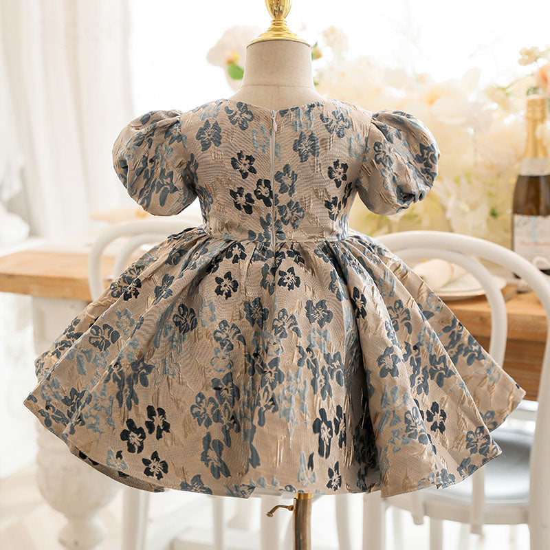 Dusty Blue Satin Princess Dress | Ruffle Puff Sleeves