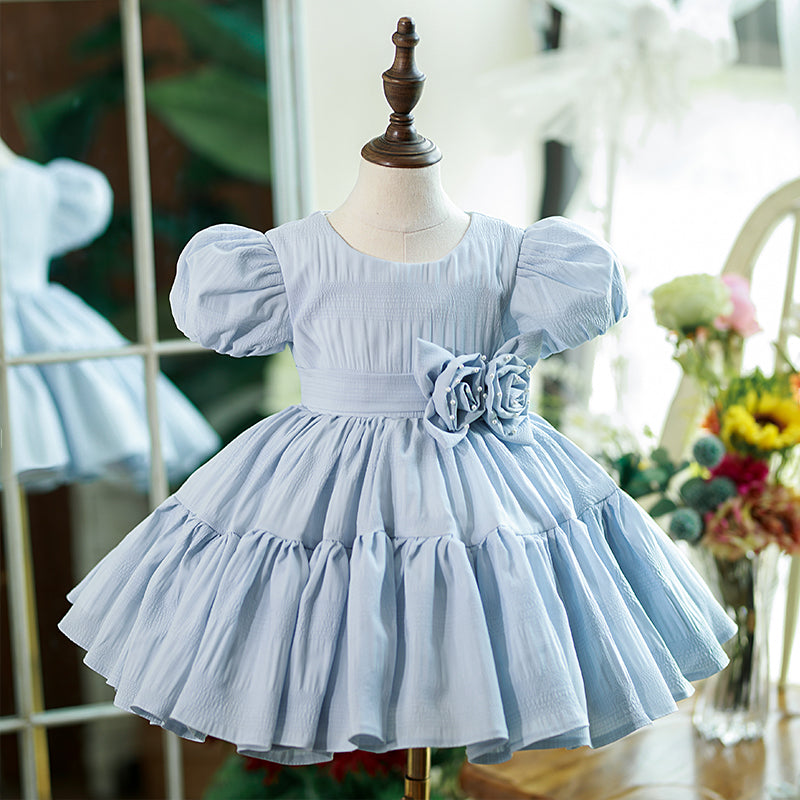 Dusty Blue Satin Princess Flower Girl Dress Flower Pleated
