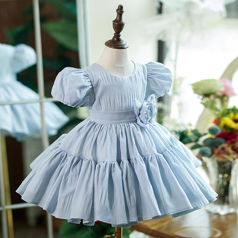 Dusty Blue Satin Princess Flower Girl Dress Flower Pleated