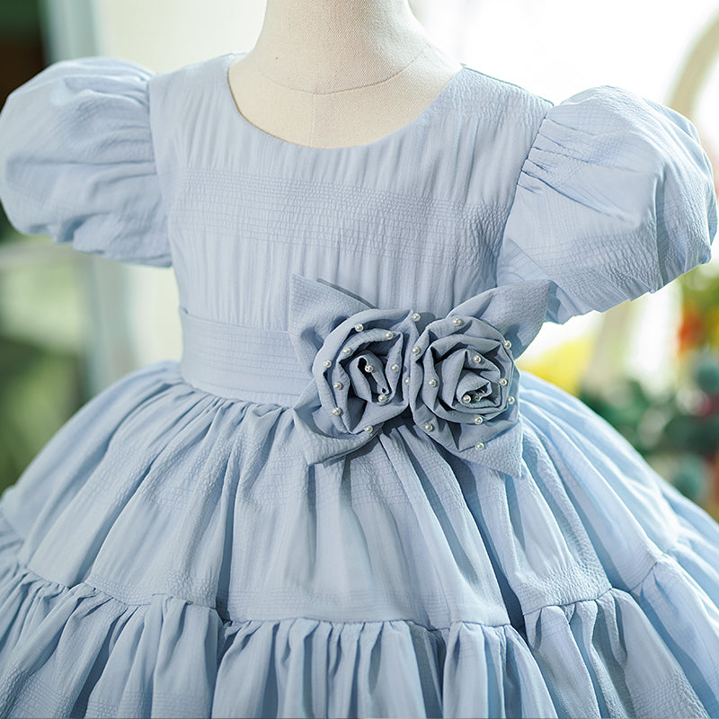 Dusty Blue Satin Princess Flower Girl Dress Flower Pleated