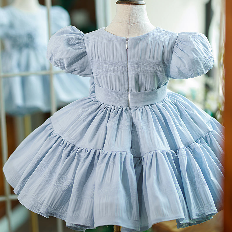 Dusty Blue Satin Princess Flower Girl Dress Flower Pleated
