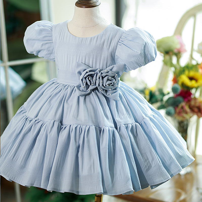 Dusty Blue Satin Princess Flower Girl Dress Flower Pleated