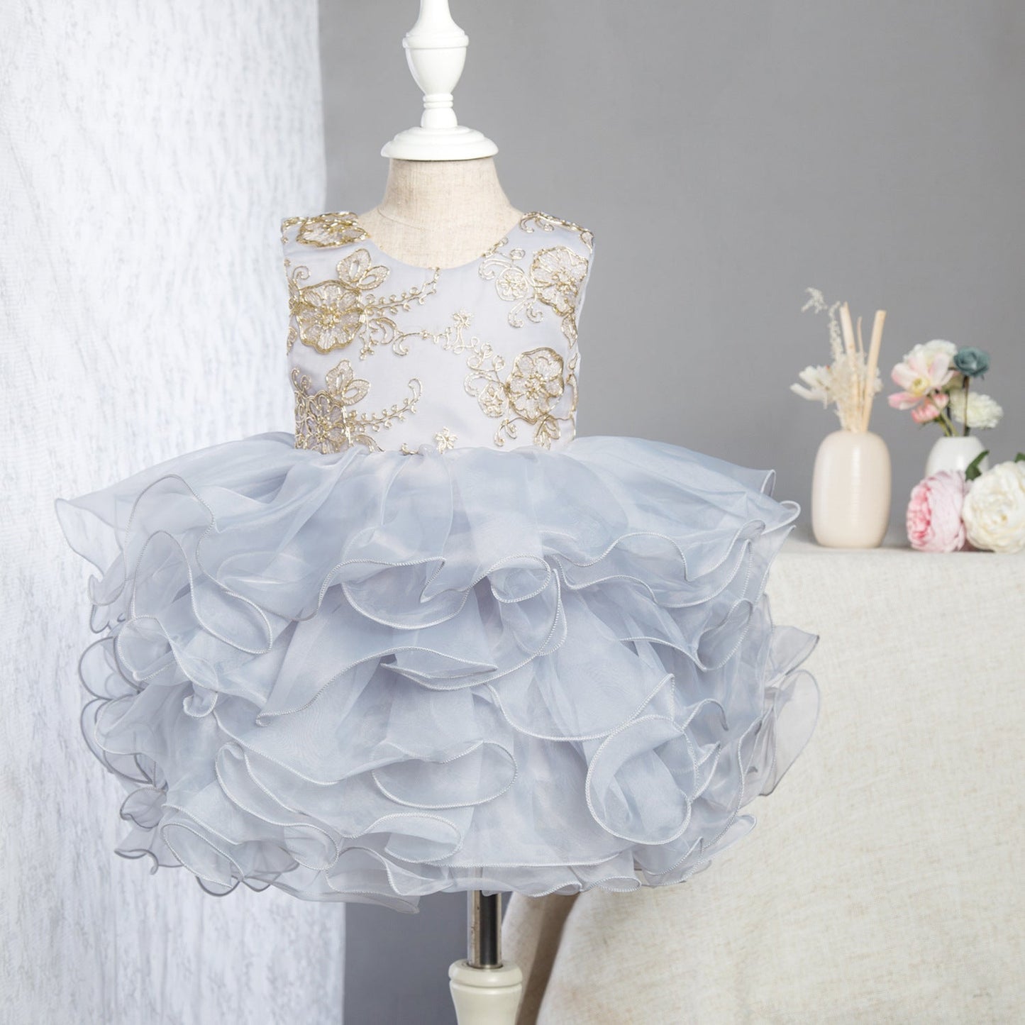 Dusty Blue Satin Princess Flower Girl Dress with Bow Detail