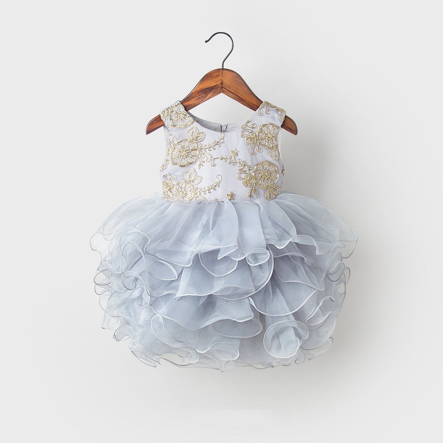 Dusty Blue Satin Princess Flower Girl Dress with Bow Detail