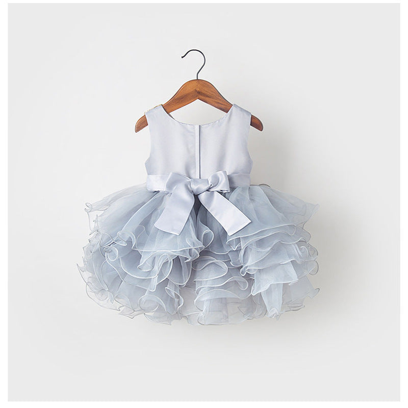 Dusty Blue Satin Princess Flower Girl Dress with Bow Detail