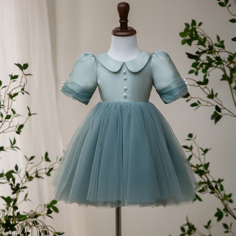 Dusty Blue Satin Tulle A-Line Flower Girl Dress Collar Puff