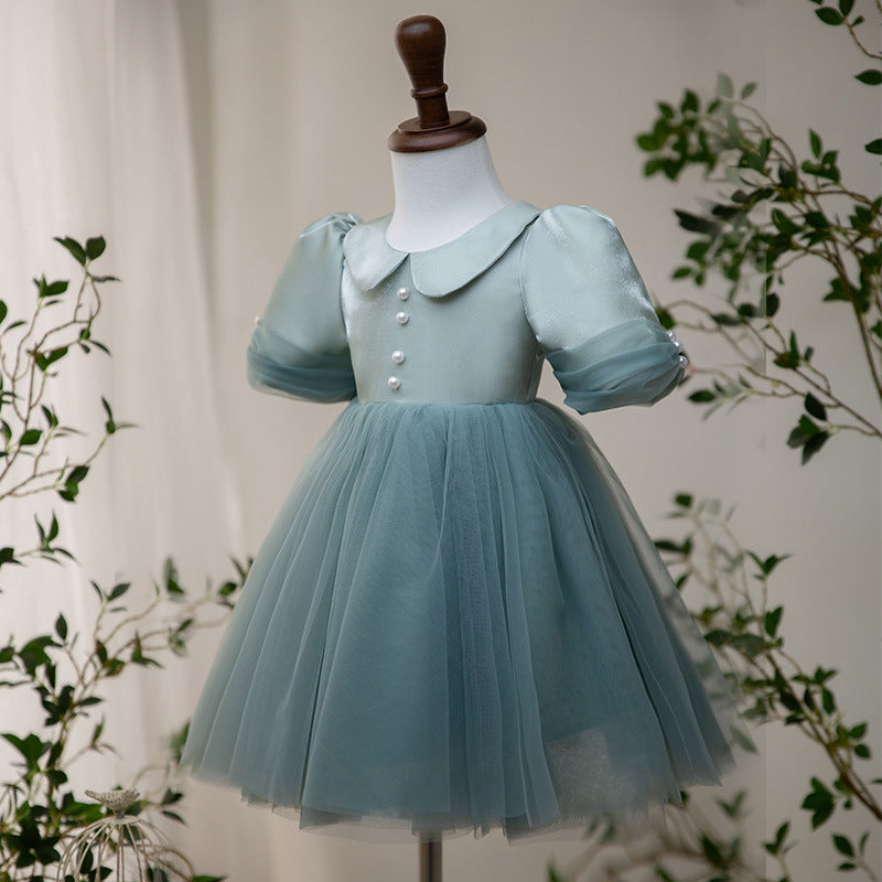 Dusty Blue Satin Tulle A-Line Flower Girl Dress Collar Puff