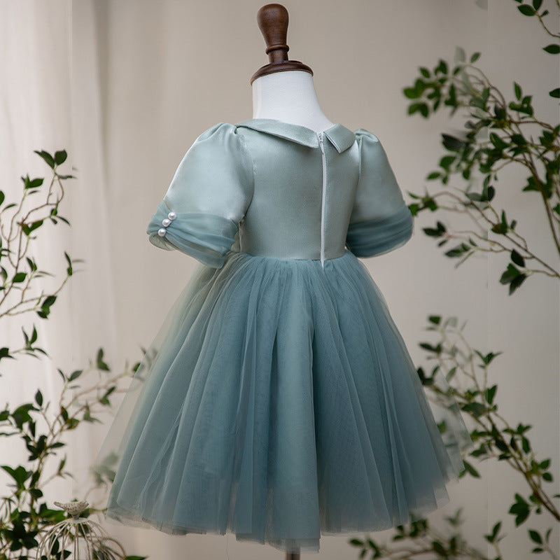 Dusty Blue Satin Tulle A-Line Flower Girl Dress Collar Puff