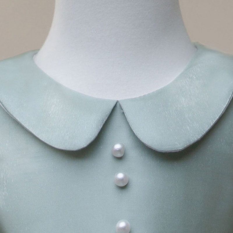 Dusty Blue Satin Tulle A-Line Flower Girl Dress Collar Puff