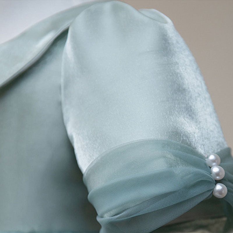 Dusty Blue Satin Tulle A-Line Flower Girl Dress Collar Puff