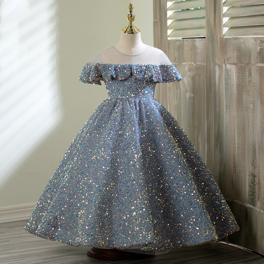 Dusty Blue Sequin A-line Flower Girl Dress with Cold Shoulders