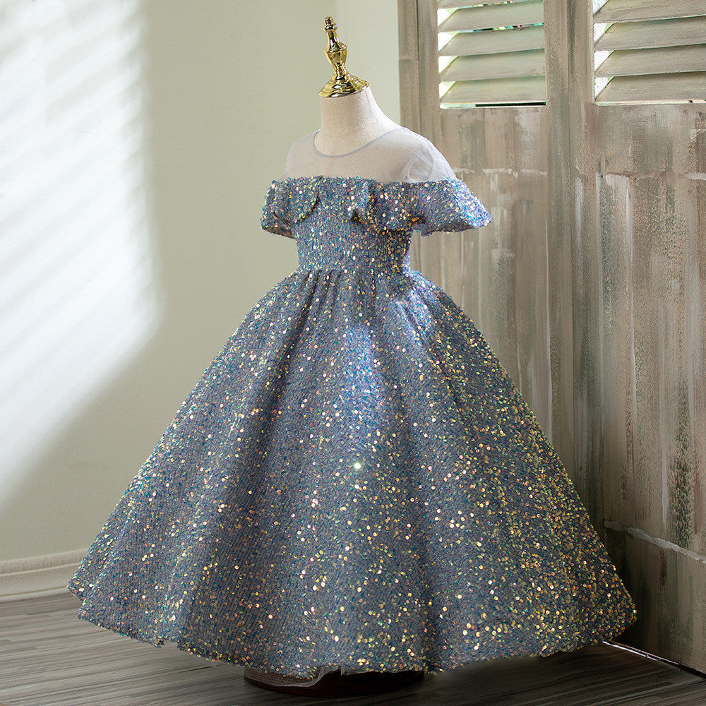 Dusty Blue Sequin A-line Flower Girl Dress with Cold Shoulders