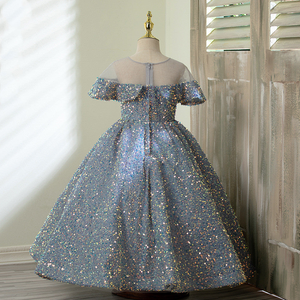 Dusty Blue Sequin A-line Flower Girl Dress with Cold Shoulders