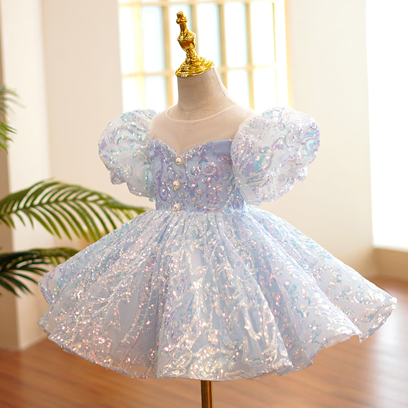 Dusty Blue Sequin Princess Dress | Ruffle Puff Sleeves