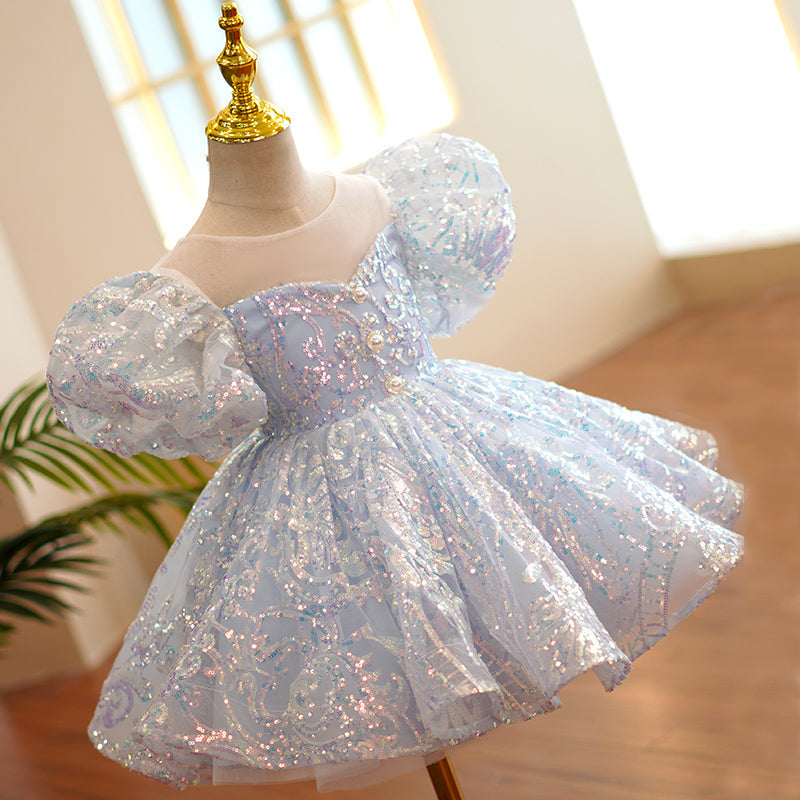Dusty Blue Sequin Princess Dress | Ruffle Puff Sleeves