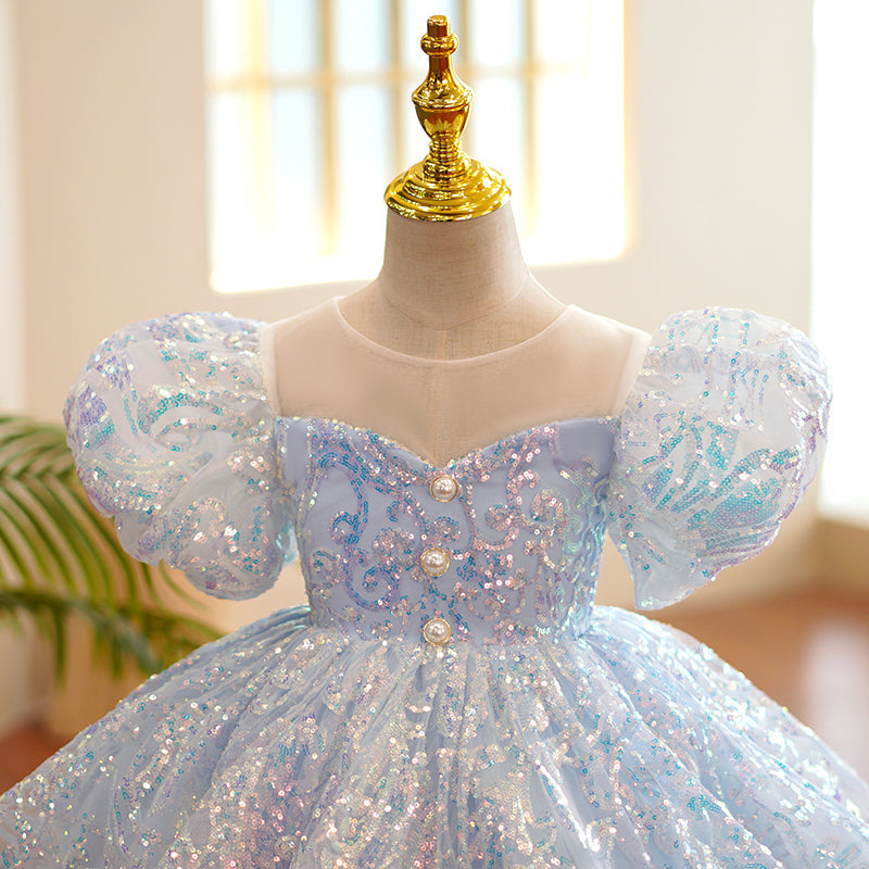 Dusty Blue Sequin Princess Dress | Ruffle Puff Sleeves