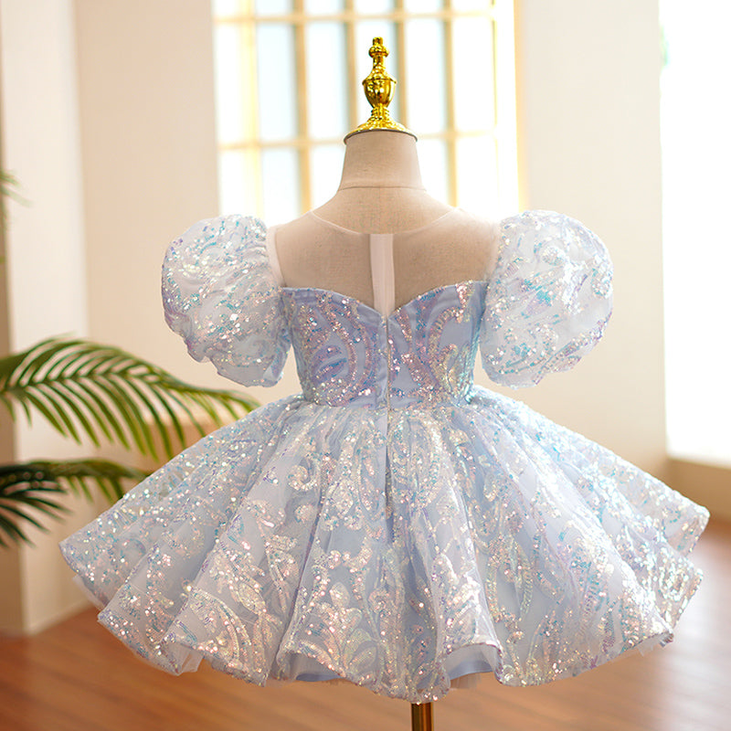 Dusty Blue Sequin Princess Dress | Ruffle Puff Sleeves