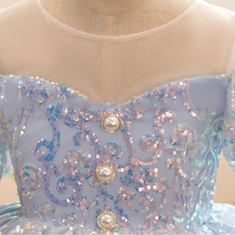 Dusty Blue Sequin Princess Dress | Ruffle Puff Sleeves