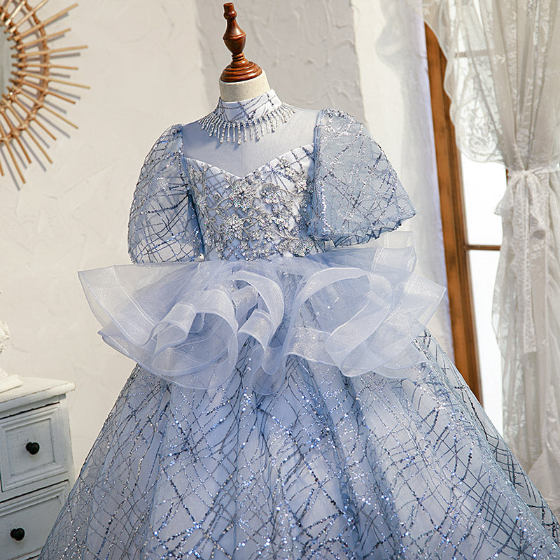 Dusty Blue Sequin Princess Dress Ruffles Short Puff Floor