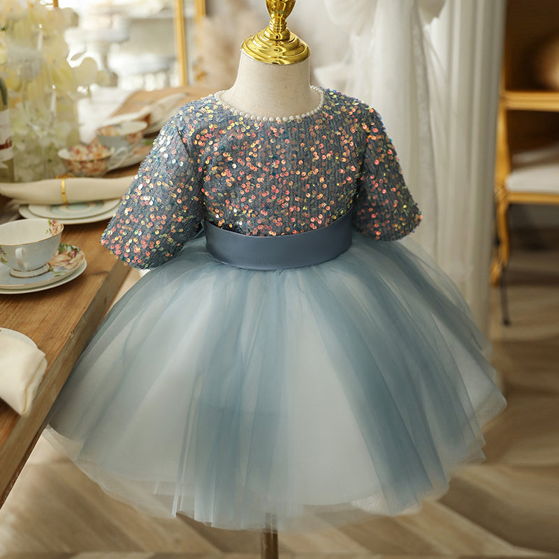 Dusty Blue Sequin Tulle Flower Girl Dress | Half Sleeve