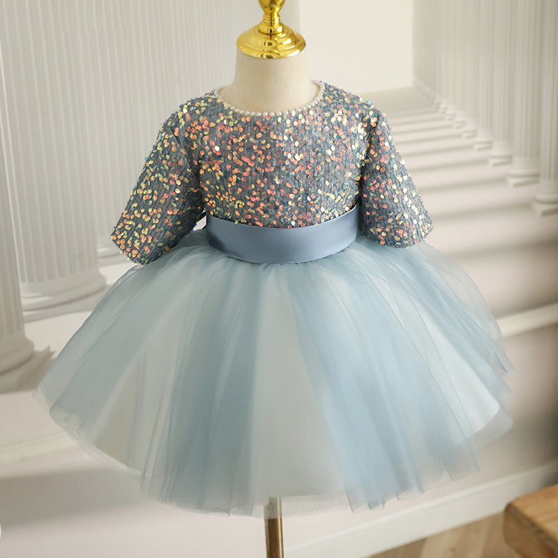 Dusty Blue Sequin Tulle Flower Girl Dress | Half Sleeve