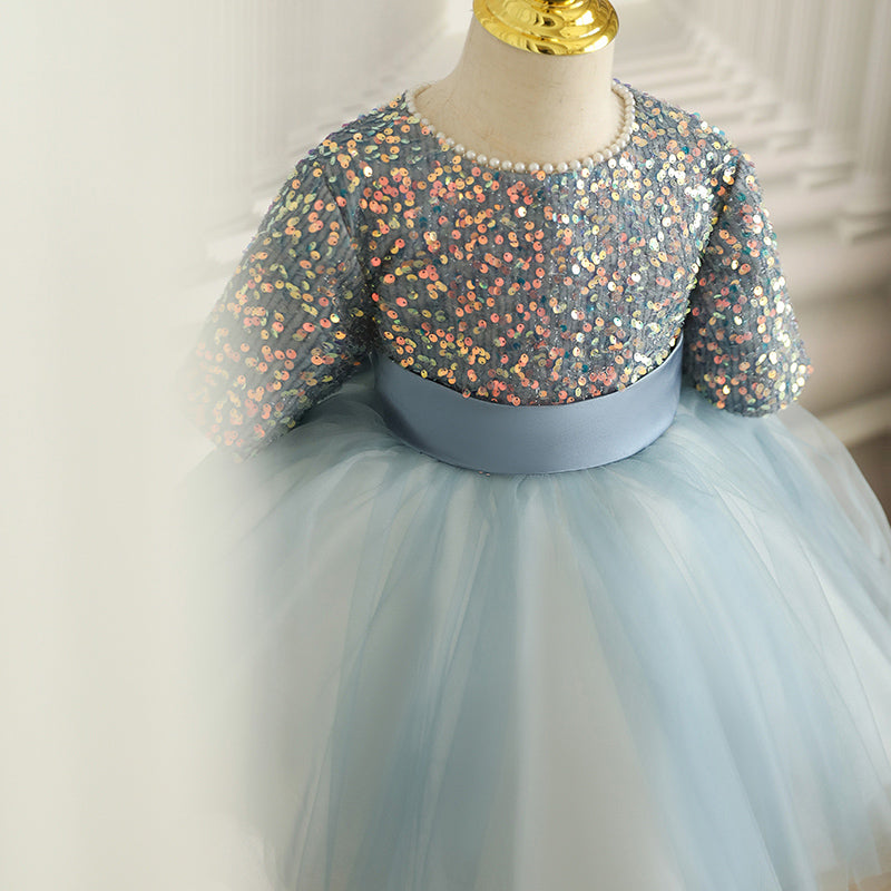 Dusty Blue Sequin Tulle Flower Girl Dress | Half Sleeve