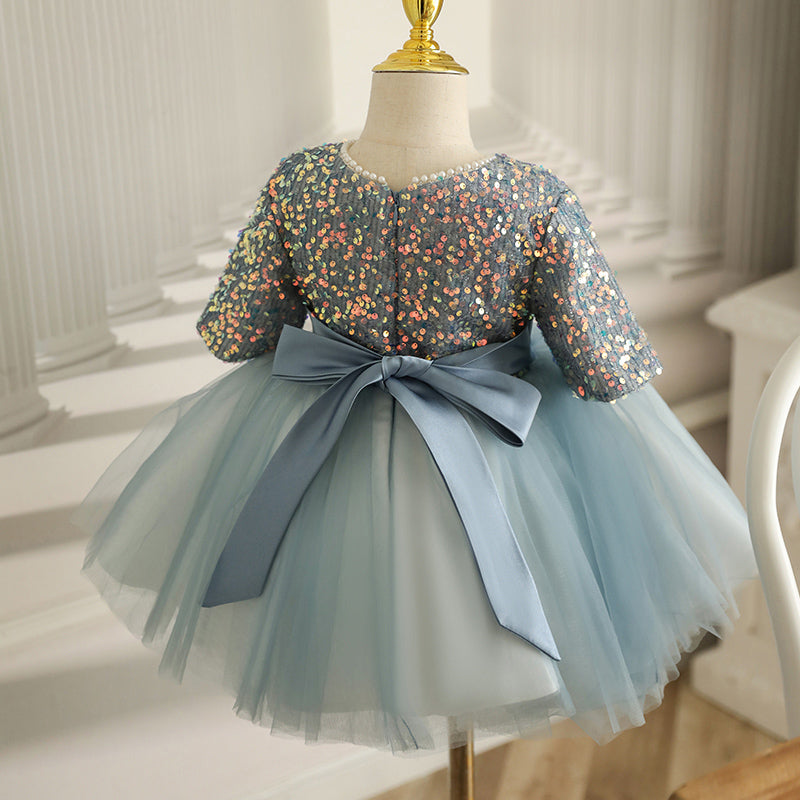 Dusty Blue Sequin Tulle Flower Girl Dress | Half Sleeve