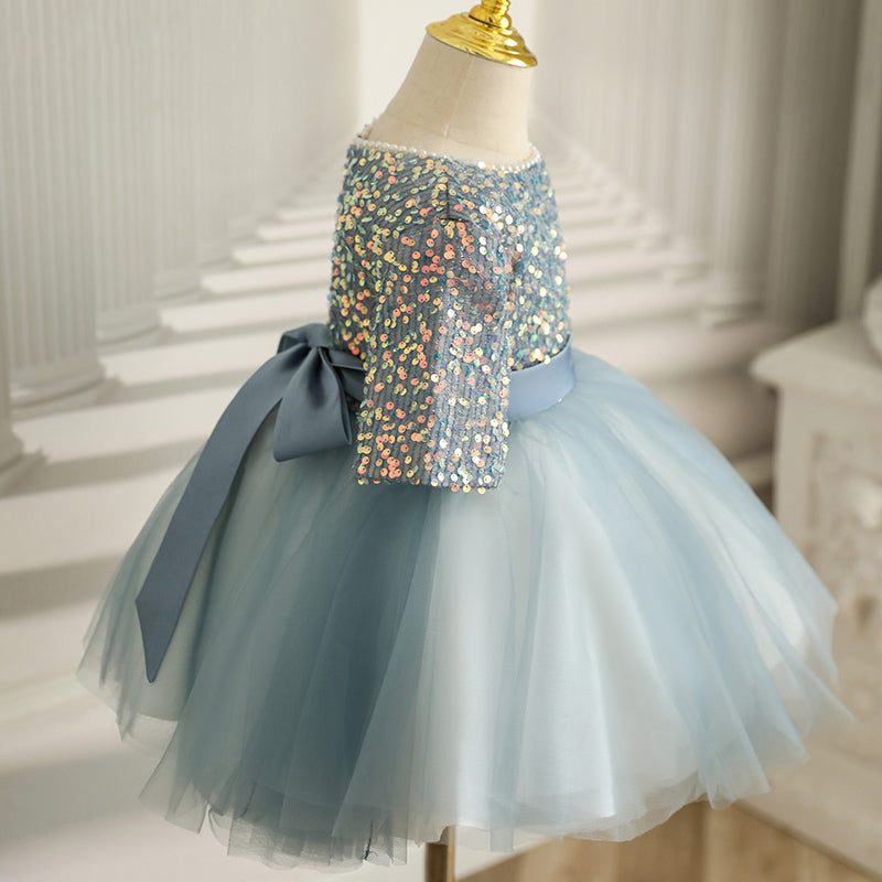 Dusty Blue Sequin Tulle Flower Girl Dress | Half Sleeve