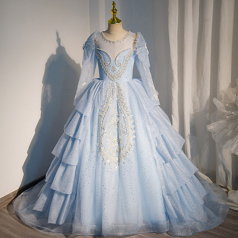 Dusty Blue Sequined A-Line Flower Girl Dress - Long Sleeve
