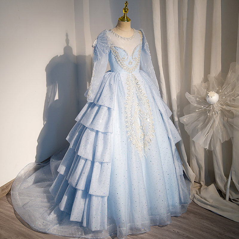 Dusty Blue Sequined A-Line Flower Girl Dress - Long Sleeve