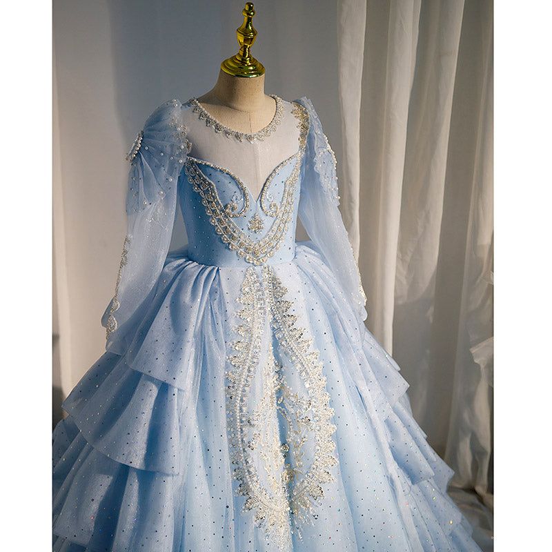 Dusty Blue Sequined A-Line Flower Girl Dress - Long Sleeve