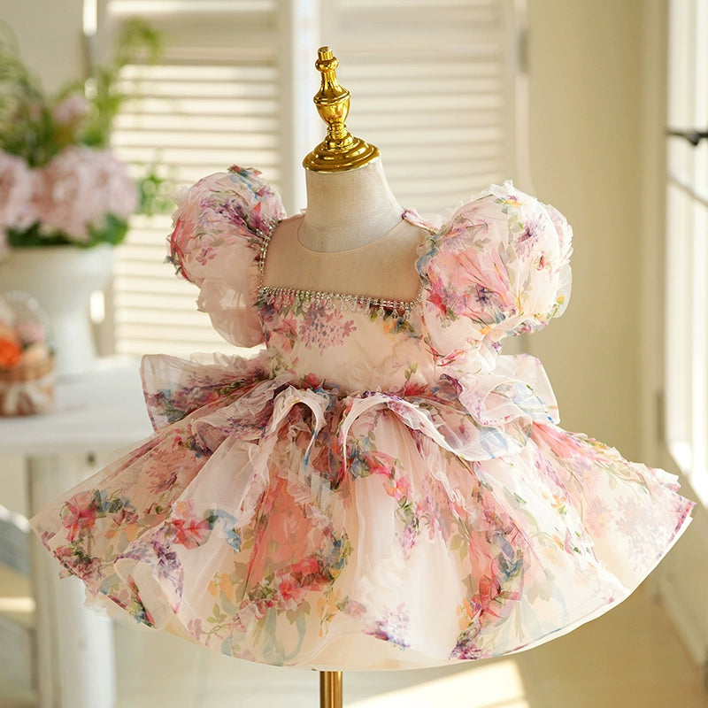 Elegant Floral A-Line Flower Girl Dress with Puff Sleeves